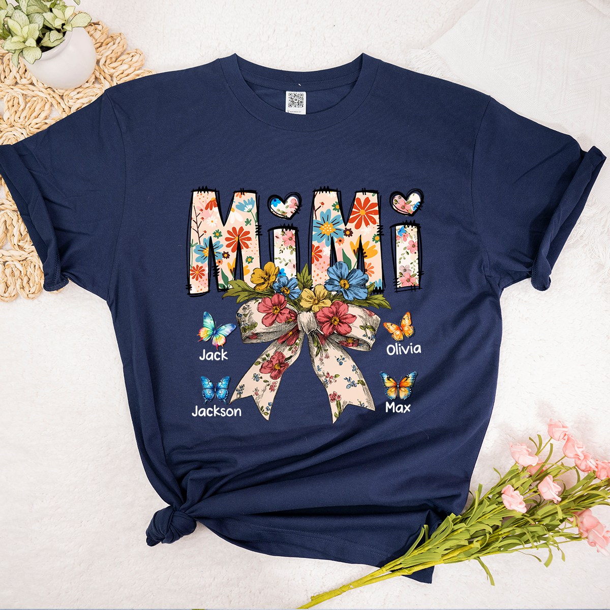 Personalized Mimi Flower Bow Butterfly With Grandkids Mother's Day TH T-Shirt