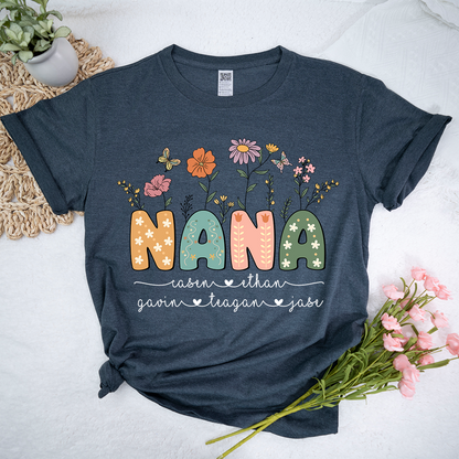 Personalized Floral Nana Shirt, Custom Grandma With Grandkids Mothers Day Gift T-Shirt