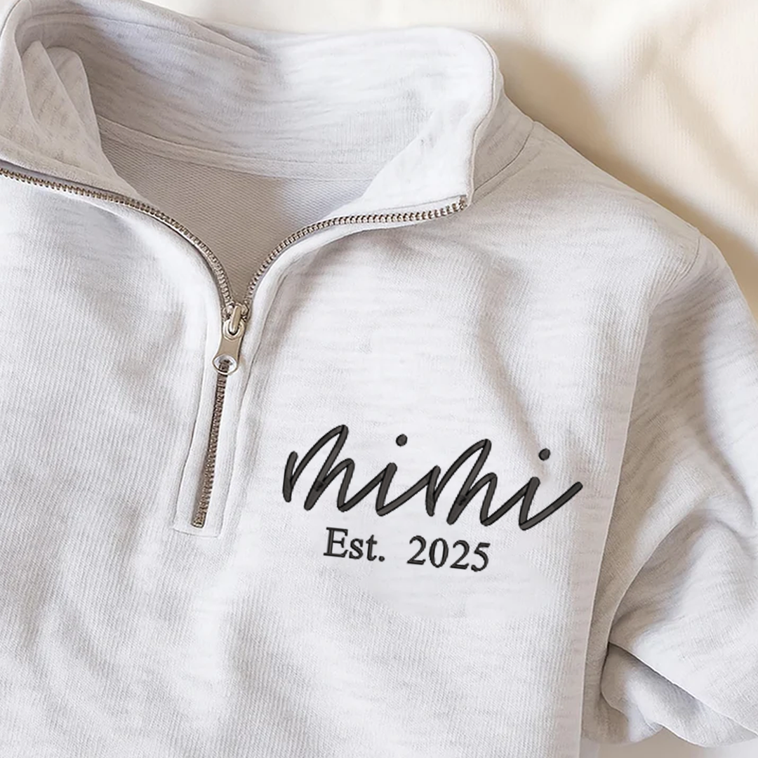 Mimi est Sweatshirt, Grandma And Grandkids Embroidered Quarter Zip Sweater