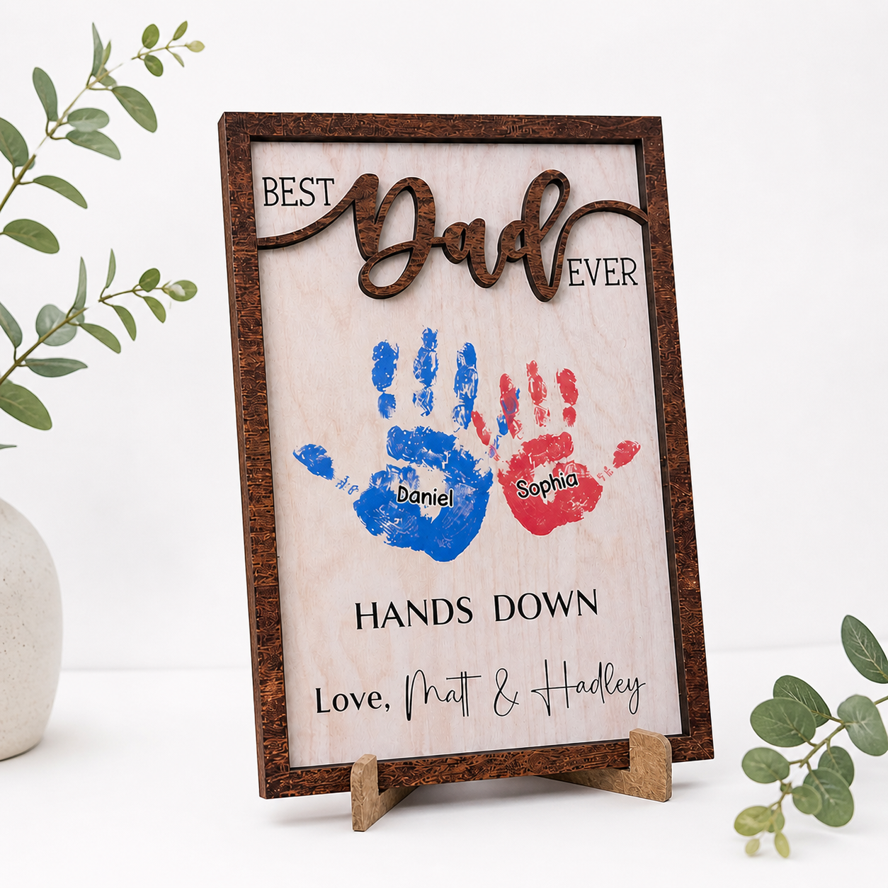 Personalized Dad Handprint Frame, Custom Kids Names Gift for Father, Best Dad Ever Hands Down Wooden Sign