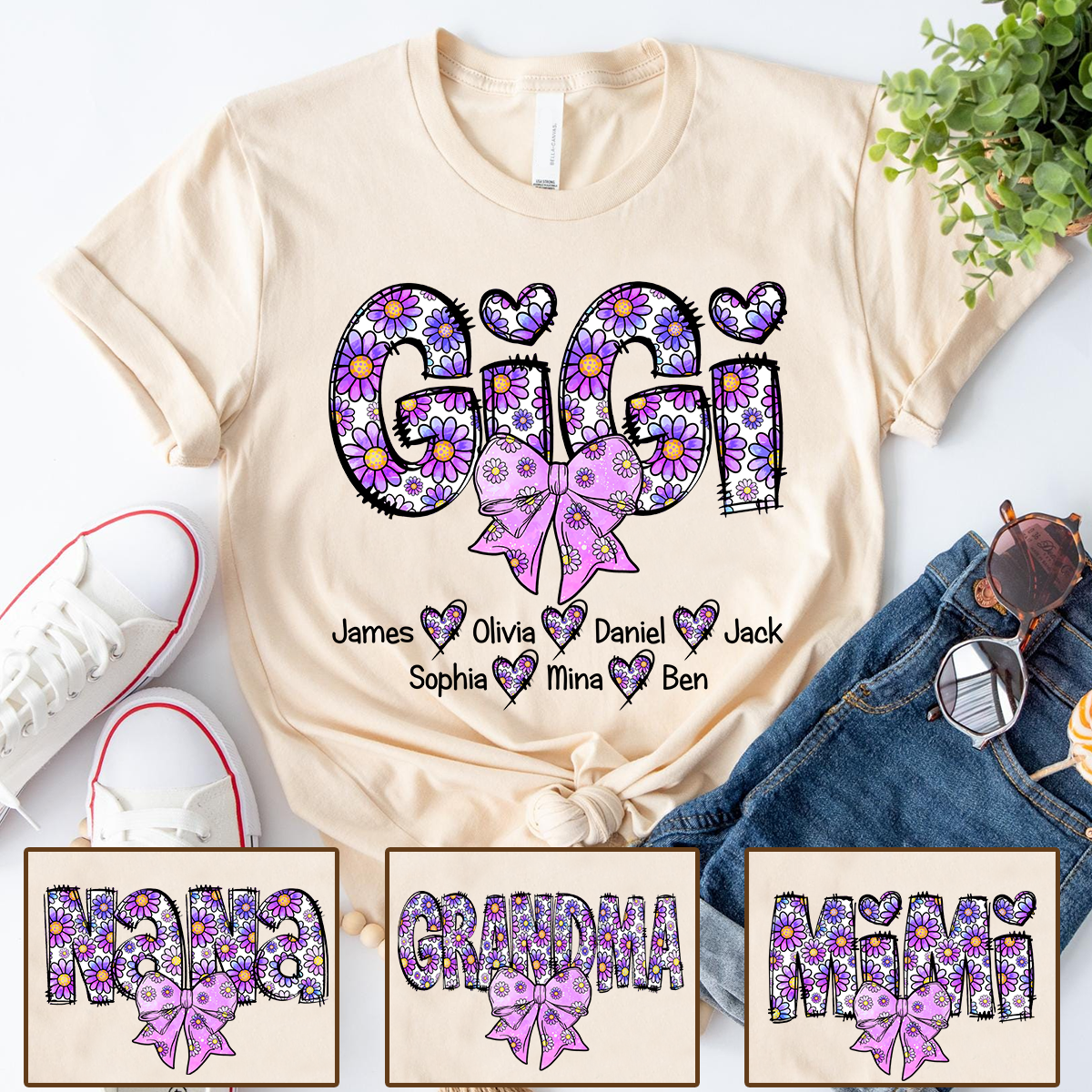 Personalized Gigi Purple Daisy Color With Grandkids Mother's Day TH T-Shirt