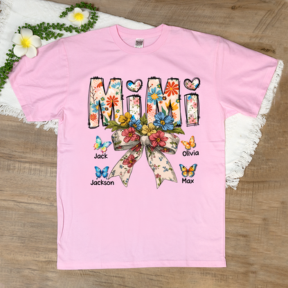 Personalized Mimi Flower Bow Butterfly With Grandkids Mother's Day TH T-Shirt