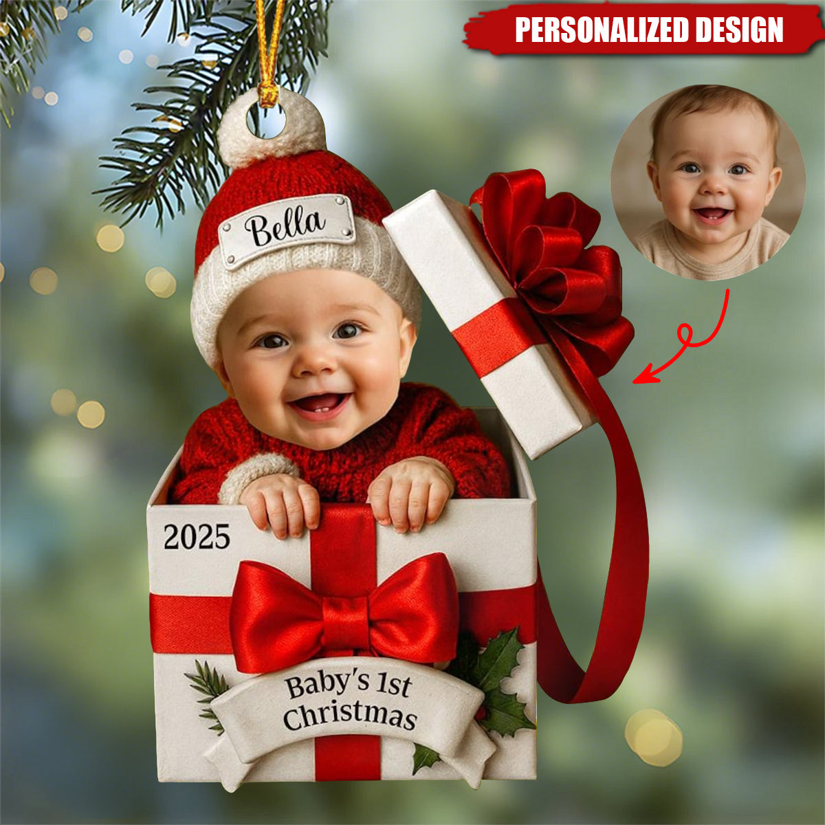 Personalized Baby Photo Christmas Gift Box Ornament – Custom Holiday Keepsake for Newborns & Families