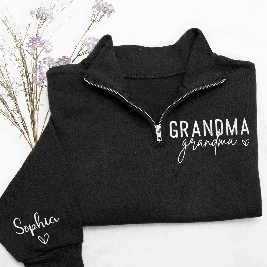 Grandma Heart Sweatshirt, Personalized Grandma And Grandkids Embroidered Quarter Zip Sweater
