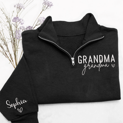 Grandma Heart Sweatshirt, Personalized Grandma And Grandkids Embroidered Quarter Zip Sweater