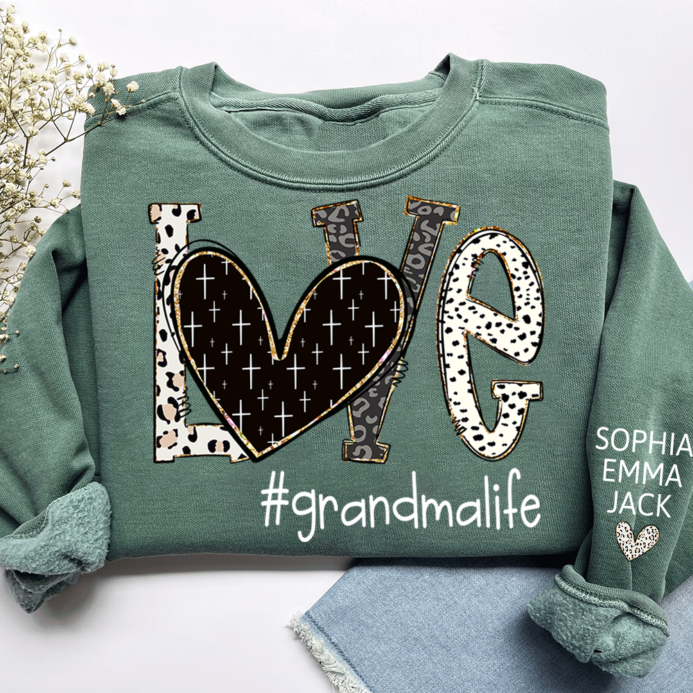 Personalized Love grandmalife Sweatshirt Bible Style Design & Custom Grandkids Names on Sleeve Sweatshirt