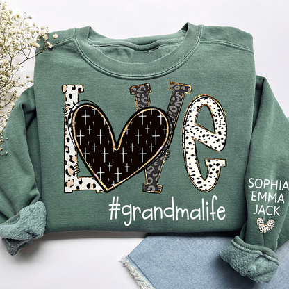 Personalized Love grandmalife Sweatshirt Bible Style Design & Custom Grandkids Names on Sleeve Sweatshirt