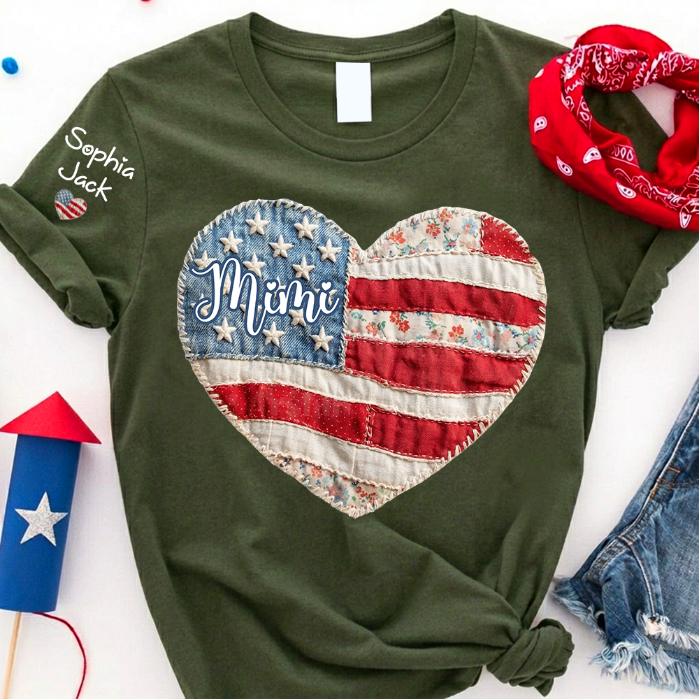 Personalized Patriotic Grandma Heart Shirt, Custom Mimi Nana Gigi Floral Flag Tee with Kids Names Sleeve, American Flag Patchwork 4th of July Gift for Grandma Mothers Day Birthday Shirt