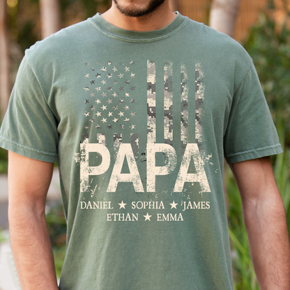 Personalized Papa American Flag Shirt, Custom Kids Names Patriotic T Shirt for Dad Grandpa, U.S. 250th Anniversary 4th of July Birthday Gift