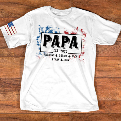 Personalized Papa EST Shirt Custom Kids Names Patriotic American Flag Design, First Time Dad Gift for Grandpa Father Birthday Fathers Day