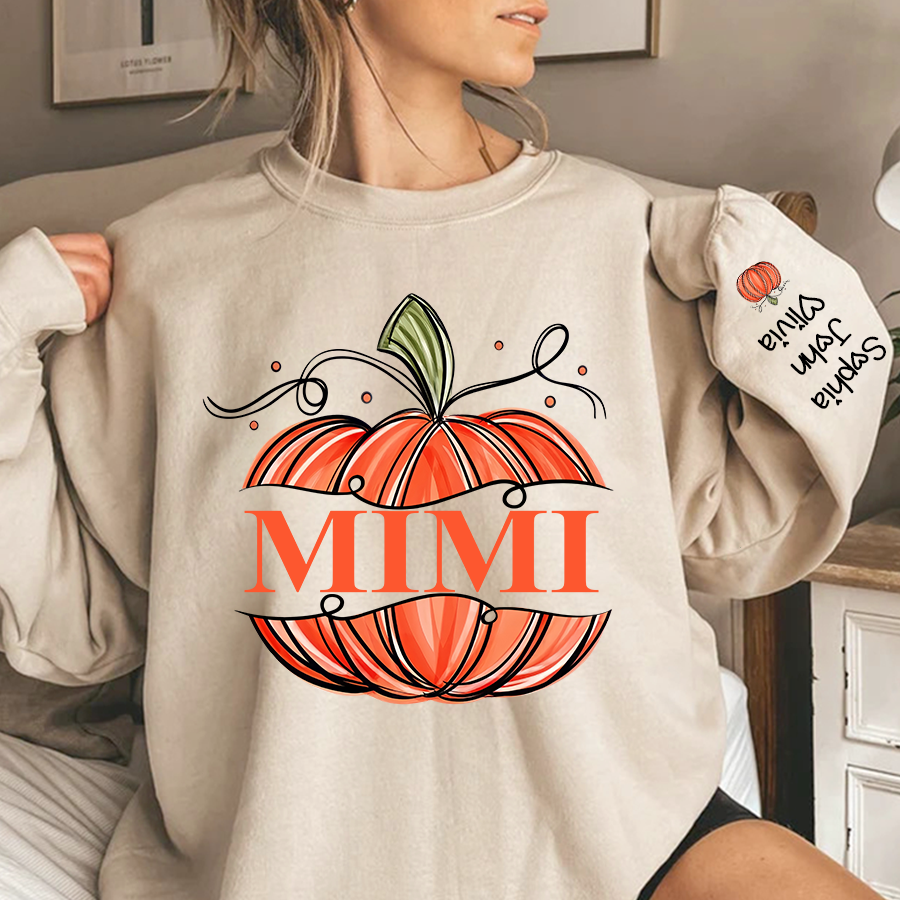 Orange Watercolor Pumpkin Mimi And Grandkids Autumn Sweatshirt