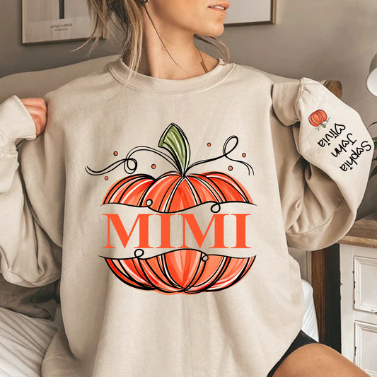 Orange Watercolor Pumpkin Mimi And Grandkids Autumn Sweatshirt