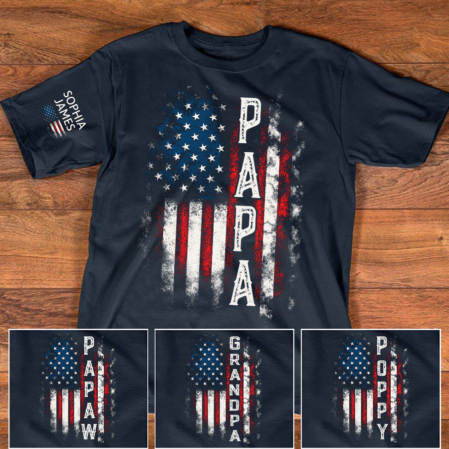 Custom Papa Shirt, 4th of July American Flag Design, Personalized with Family Names, Patriotic Gift Tee