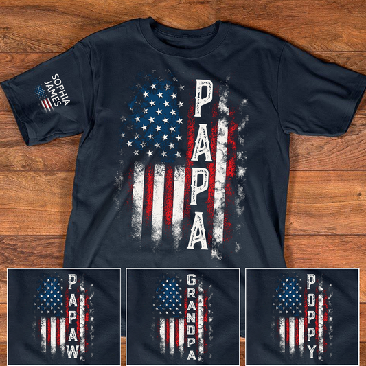 Custom Papa Shirt, 4th of July American Flag Design, Personalized with Family Names, Patriotic Gift Tee