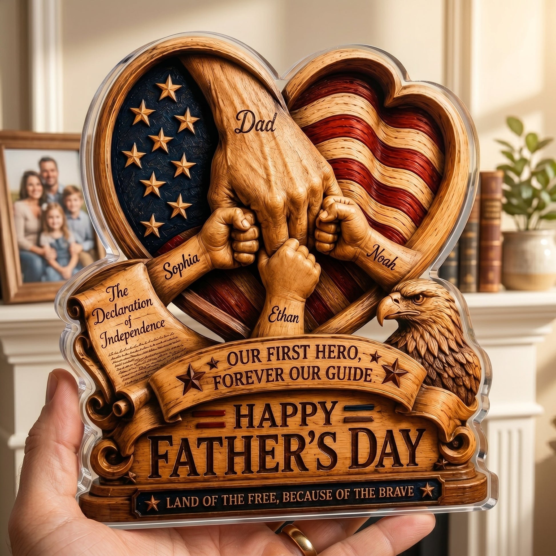 Personalized Father’s Day and America Anniversary Acrylic Plaque – Custom Dad & Child Hand Holding Keepsake