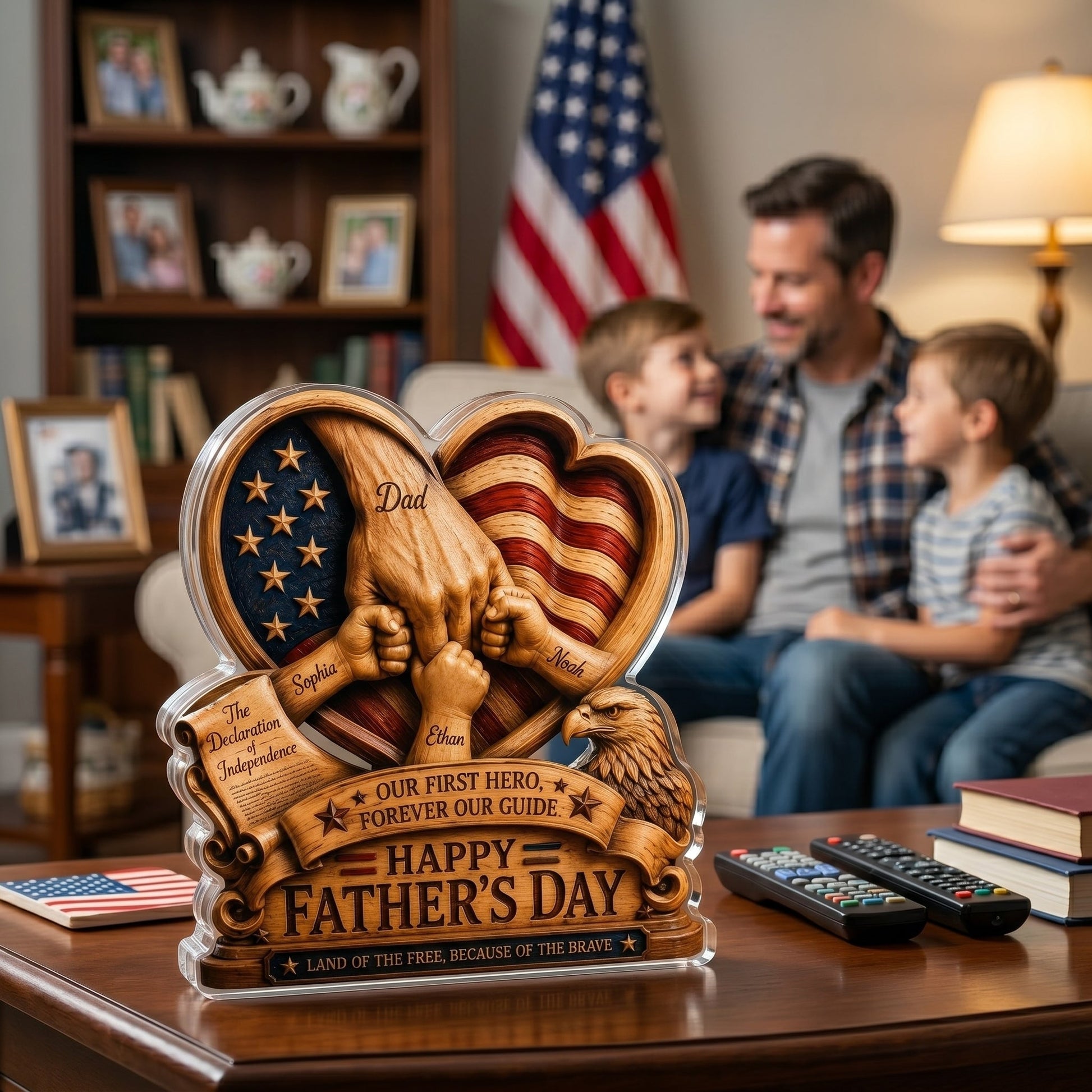 Personalized Father’s Day and America Anniversary Acrylic Plaque – Custom Dad & Child Hand Holding Keepsake