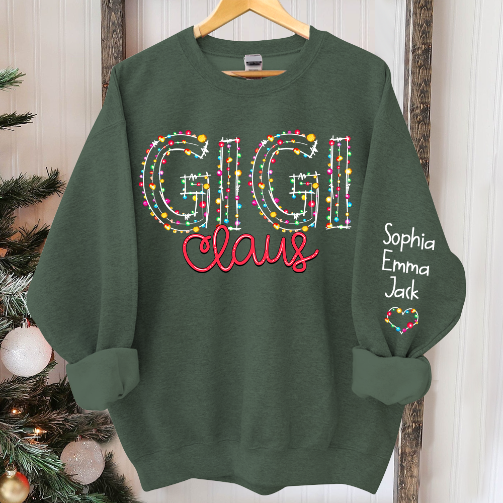 Personalized Gigi Claus Christmas lights And Grandkids Christmas Merry Sweatshirt