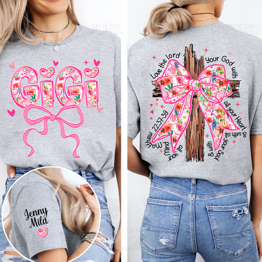 Valentine Gigi Pink Flower and Heart Personalized Gigi and Grandkids T-shirt
