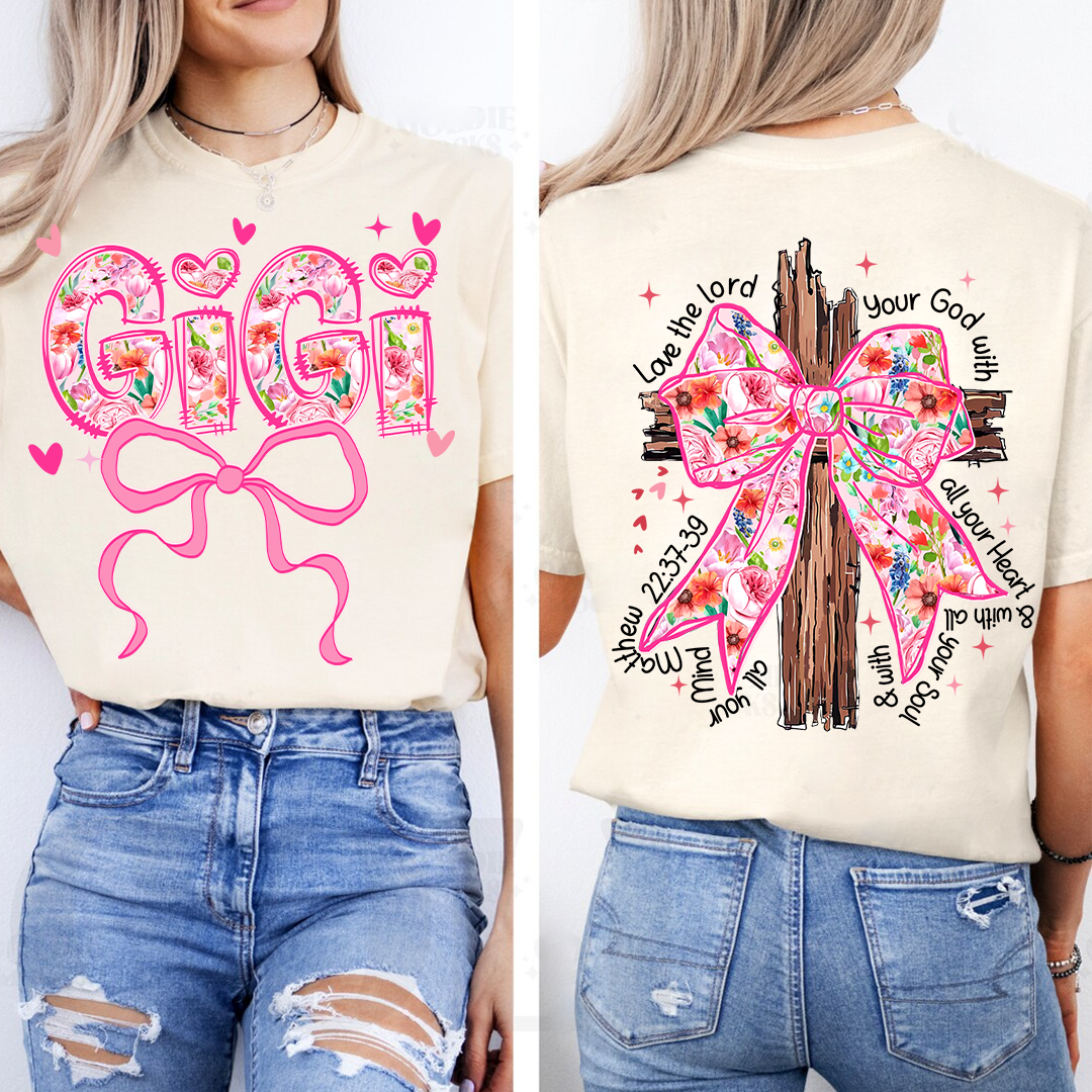 Valentine Gigi Pink Flower and Heart Personalized Gigi and Grandkids T-shirt