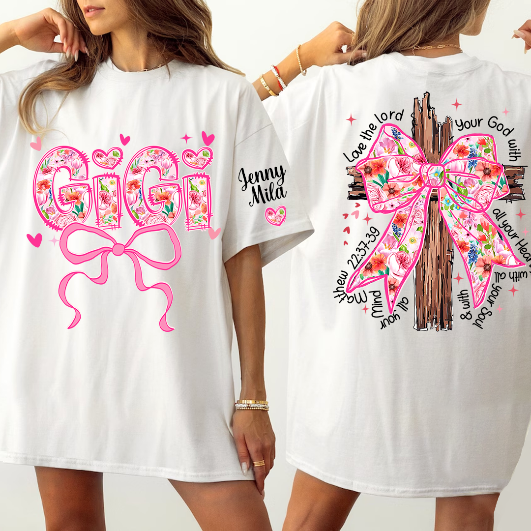 Valentine Gigi Pink Flower and Heart Personalized Gigi and Grandkids T-shirt