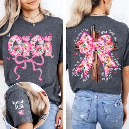 Valentine Gigi Pink Flower and Heart Personalized Gigi and Grandkids T-shirt