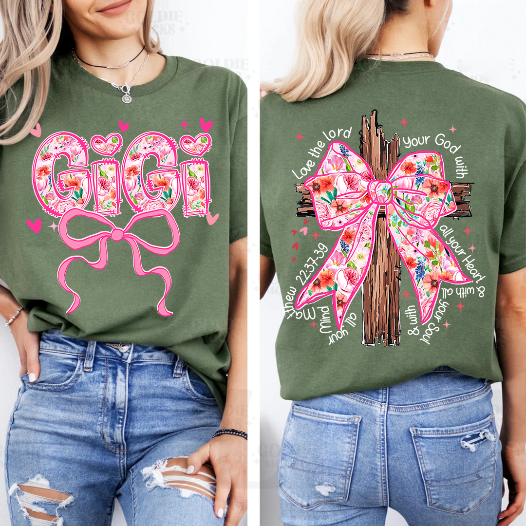 Valentine Gigi Pink Flower and Heart Personalized Gigi and Grandkids T-shirt
