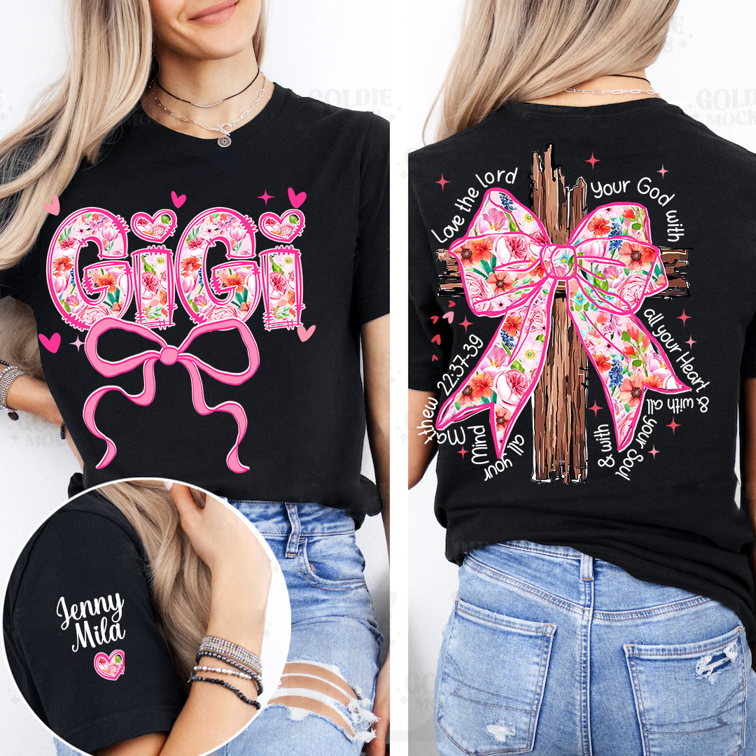 Valentine Gigi Pink Flower and Heart Personalized Gigi and Grandkids T-shirt