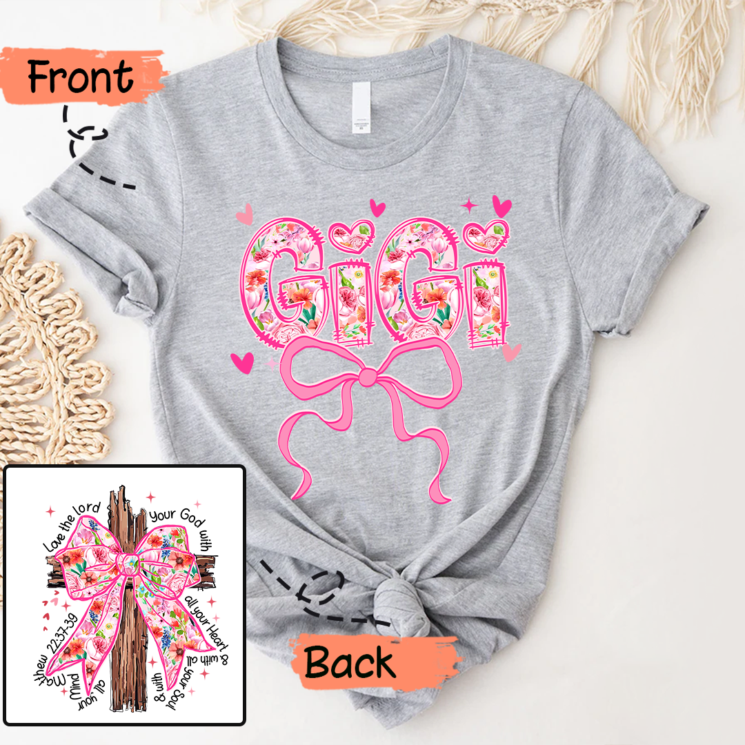 Valentine Gigi Pink Flower and Heart Personalized Gigi and Grandkids T-shirt