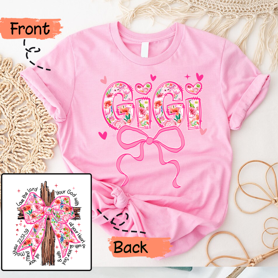 Valentine Gigi Pink Flower and Heart Personalized Gigi and Grandkids T-shirt
