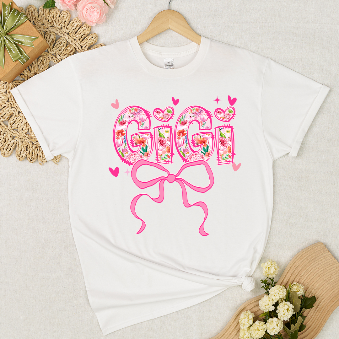 Valentine Gigi Pink Flower and Heart Personalized Gigi and Grandkids T-shirt