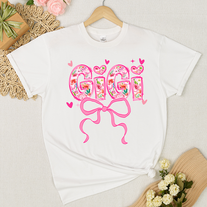 Valentine Gigi Pink Flower and Heart Personalized Gigi and Grandkids T-shirt
