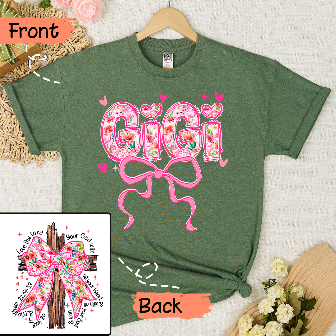 Valentine Gigi Pink Flower and Heart Personalized Gigi and Grandkids T-shirt