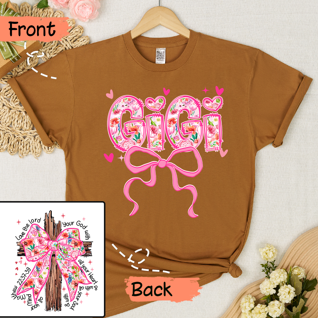 Valentine Gigi Pink Flower and Heart Personalized Gigi and Grandkids T-shirt
