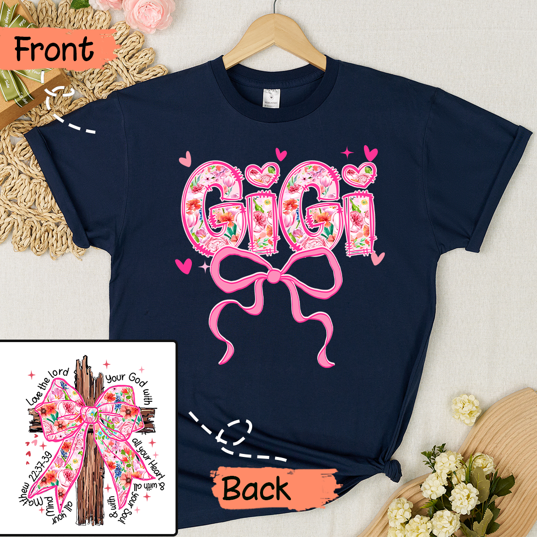 Valentine Gigi Pink Flower and Heart Personalized Gigi and Grandkids T-shirt