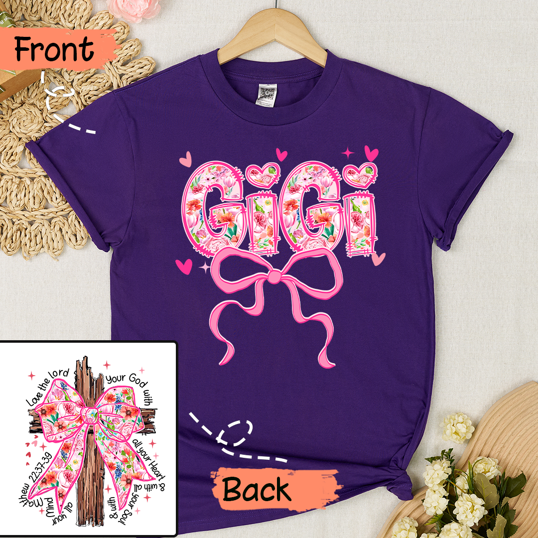 Valentine Gigi Pink Flower and Heart Personalized Gigi and Grandkids T-shirt