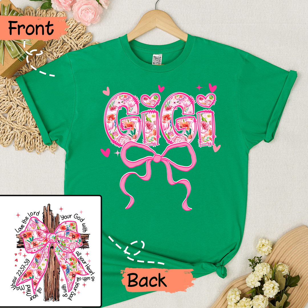 Valentine Gigi Pink Flower and Heart Personalized Gigi and Grandkids T-shirt