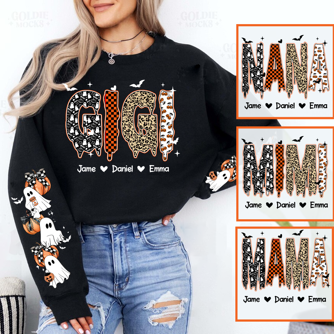 Personalized Halloween Gigi and Grandkids with Pumpkin & Ghost Sleeve Sweatshirt