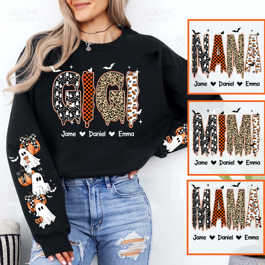 Personalized Halloween Gigi and Grandkids with Pumpkin & Ghost Sleeve Sweatshirt