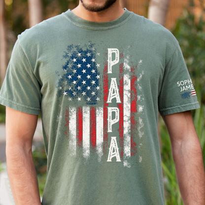 Custom Papa Shirt, 4th of July American Flag Design, Personalized with Family Names, Patriotic Gift Tee