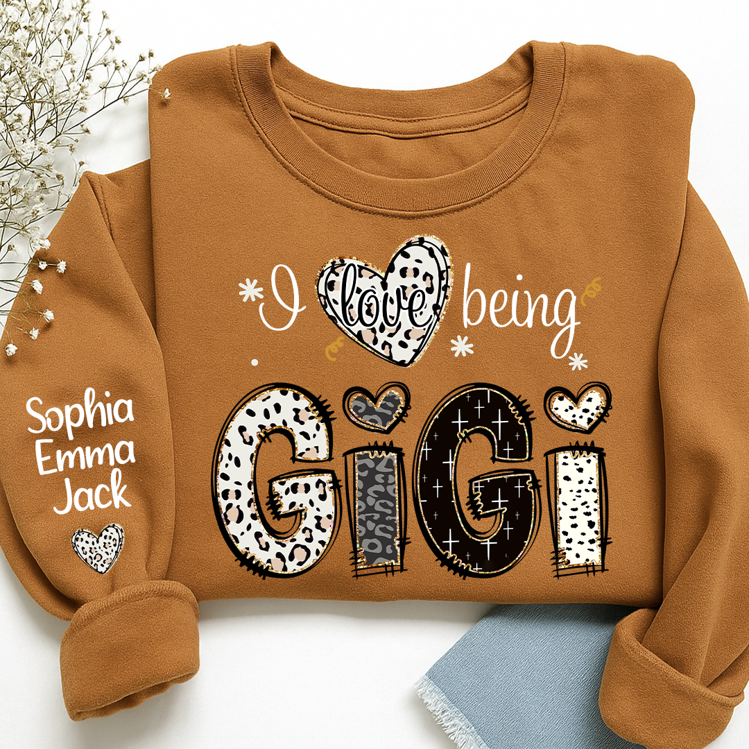 I love being Gigi Bible Style Gift For Grandma And Grandkids Names on Sleeve Sweatshirt