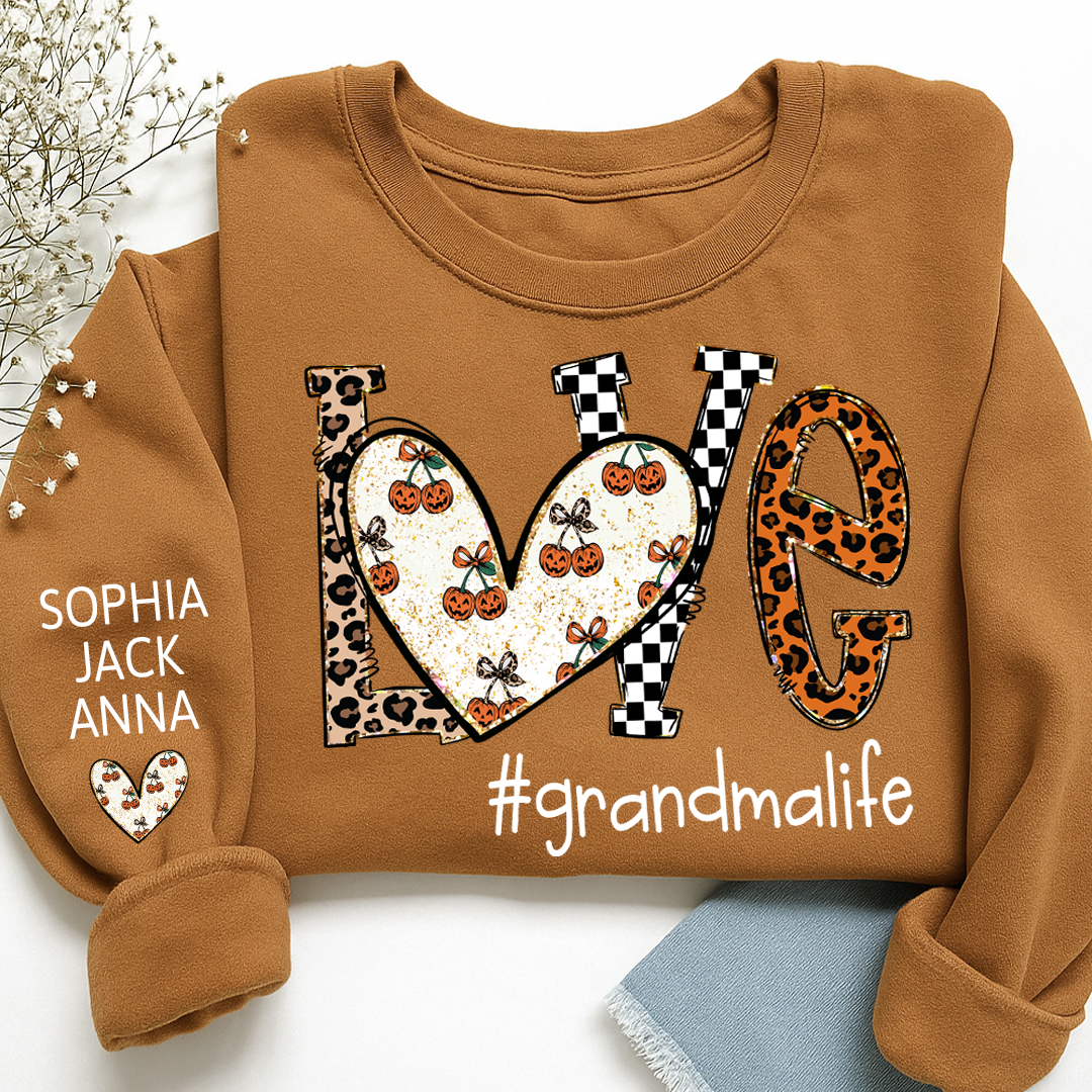 Love grandmalife Pumpkin Leopard Gift For Grandma And Grandkids Names on Sleeve Sweatshirt