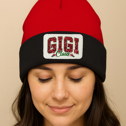 Personalized Gigi Claus Christmas Beanie, Custom Name Patch Knit Hat for Grandma, Holiday Gift for Gigi, Embroidered Winter Hat