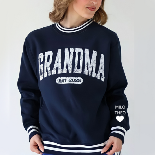 Personalized MIMI EST 2025, Grandma and Grandkids Gift Varsity Ribbed Crew Sweatshirt