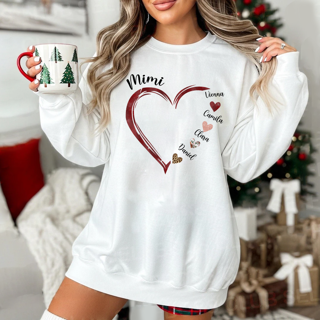 Personalized Mom and Grandma Heart Sweatshirt – Custom Grandkids Name Sweater – Cozy Christmas Gift for Grandma, Gigi, Nana, Mimi