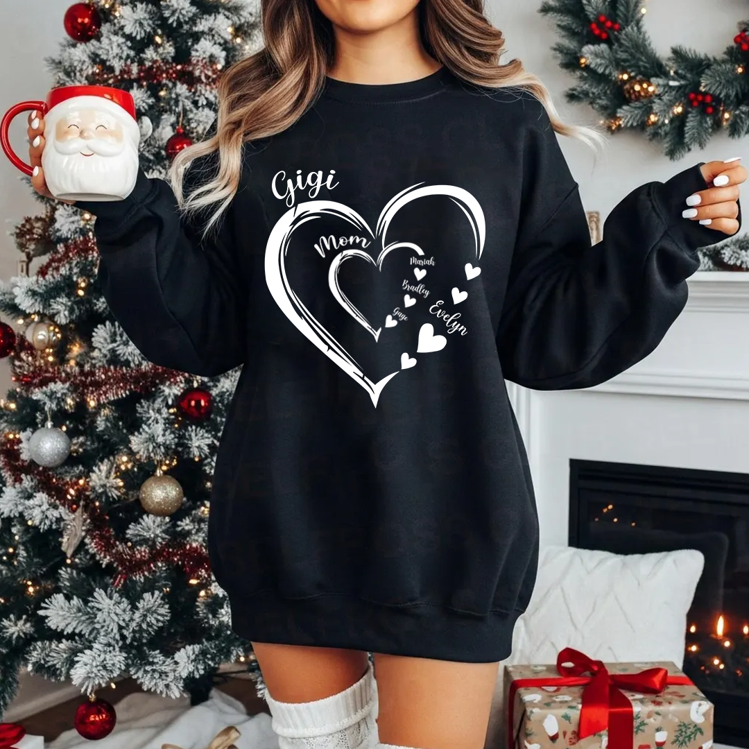 Personalized Mom and Grandma Heart Sweatshirt – Custom Grandkids Name Sweater – Cozy Christmas Gift for Grandma, Gigi, Nana, Mimi