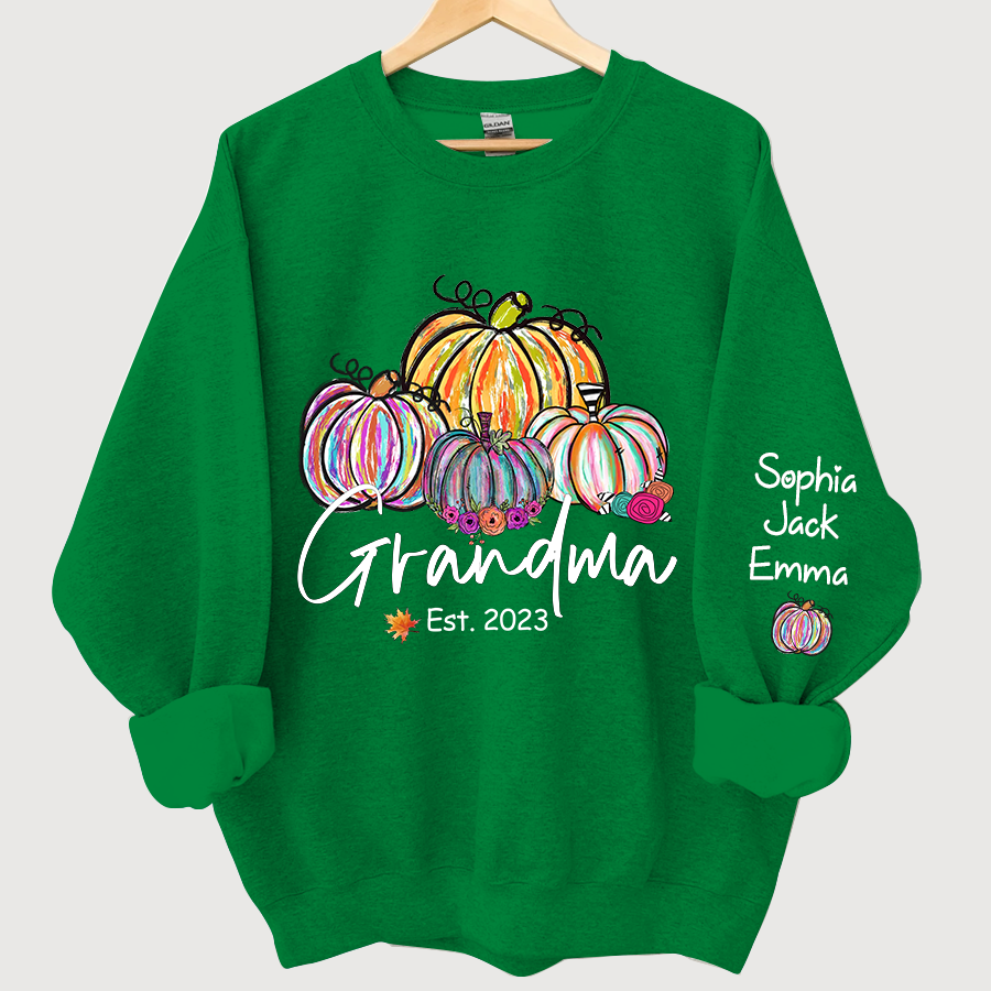 Personalized Grandma Est Painted Color Pumpkin And Grandkids Autumn Sweatshirt