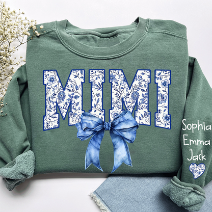 Mimi Floral Toile Blue Water Color Coquette Bow Gift For Grandma And Grandkids Sweatshirt