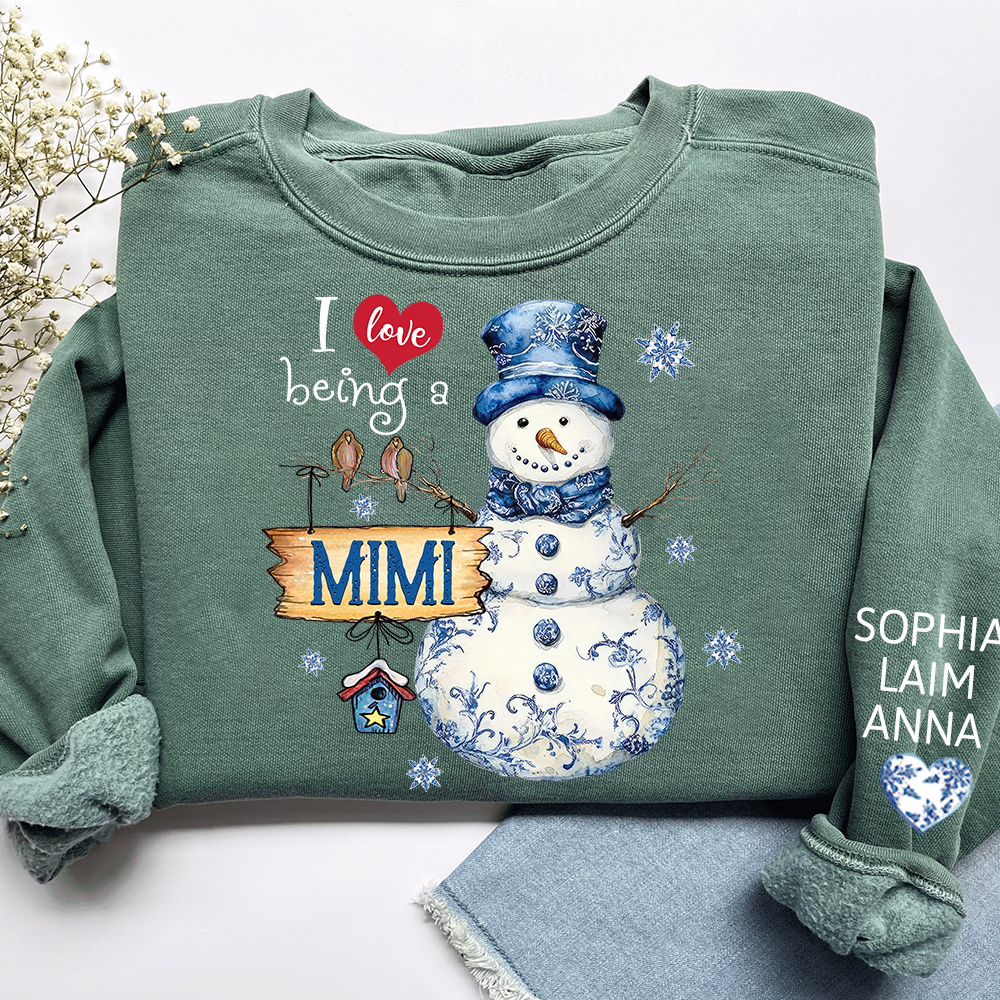 Personalized I Love Being a Mimi Snowman blue toile Sweatshirt and Grandkids Name Winter Design