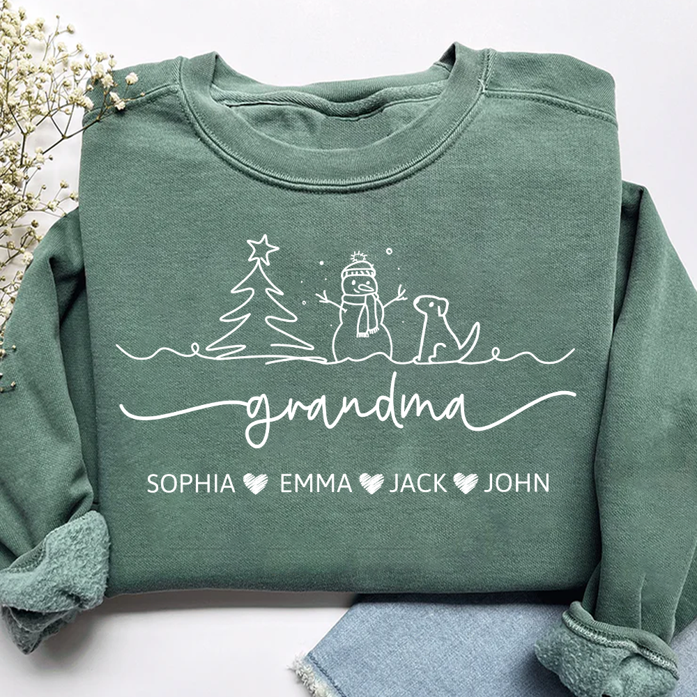 Grandma Snowman Dog Line Drawing And Grandkids Merry Christmas Sweatshirt