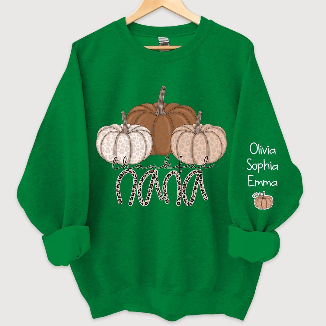 Thankful Nana Pumpkin Leopard and Grandkids on sleeve Sweatshirt